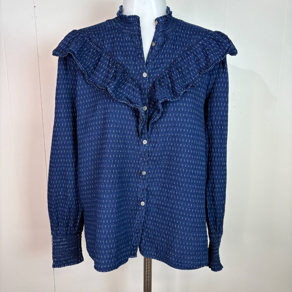 LOFT Top Medium Navy Blue Ruffle Button-Front Cotton Blouse Long Sleeves Women's